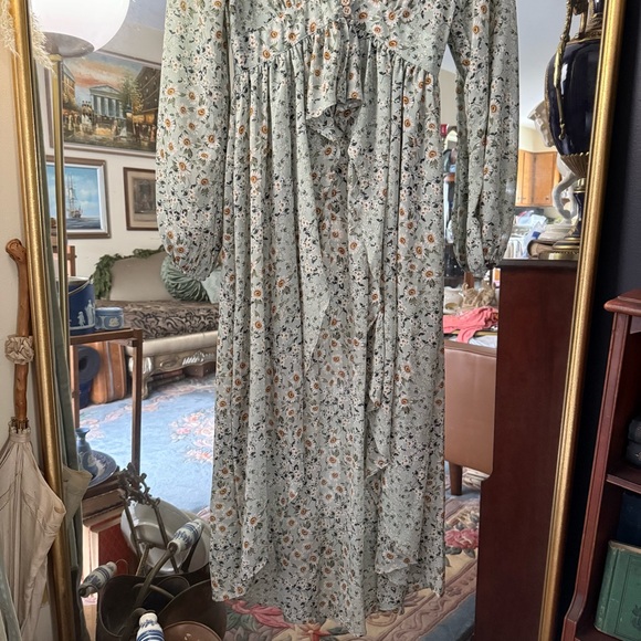 Altar'd State Sage Pastel Green Floral Long Sleeve Ruffle Maxi Dress - Picture 7 of 10
